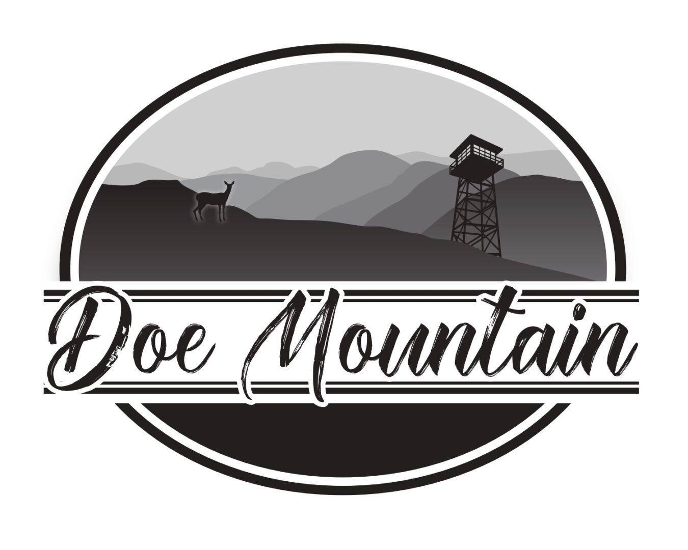 A black and white picture of the doe mountain logo.