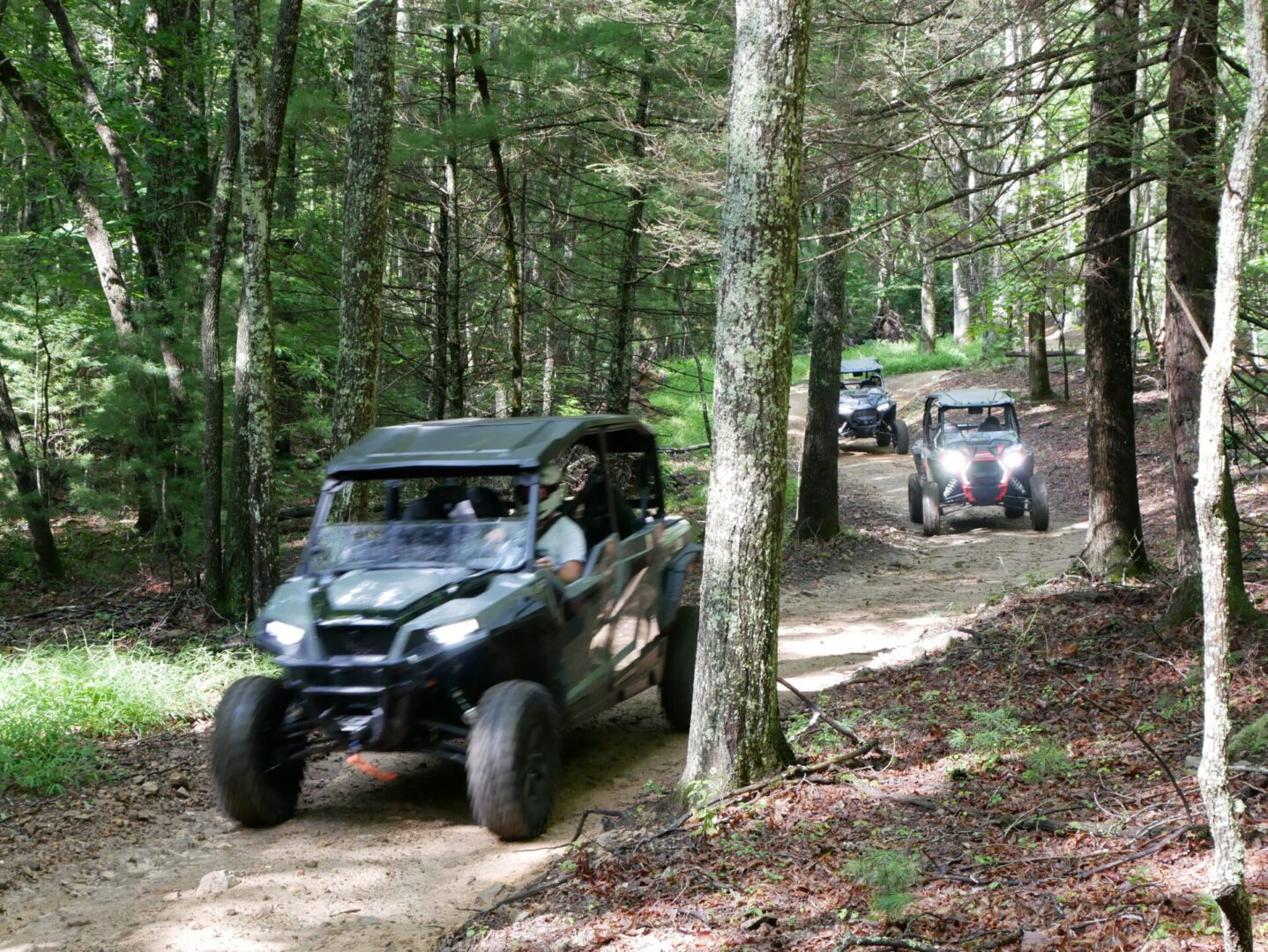 A group of people riding off road vehicles on a trail.