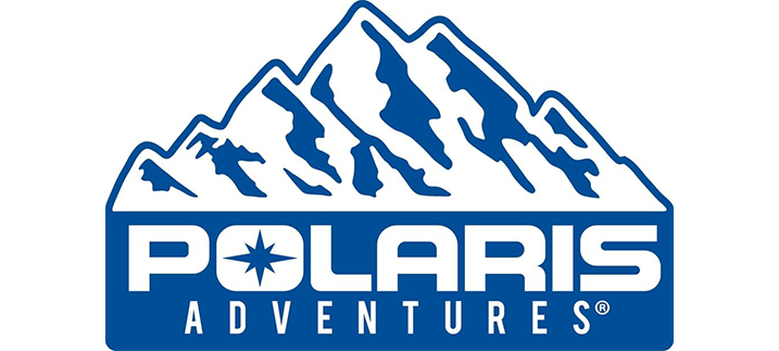 A blue and white logo of polaris adventures.